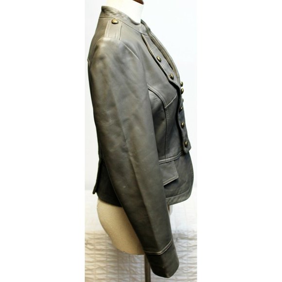 Michaela Fur Gray Leather Zip Band Jacket Military Style Buttons Women's Sz M - Picture 5 of 11
